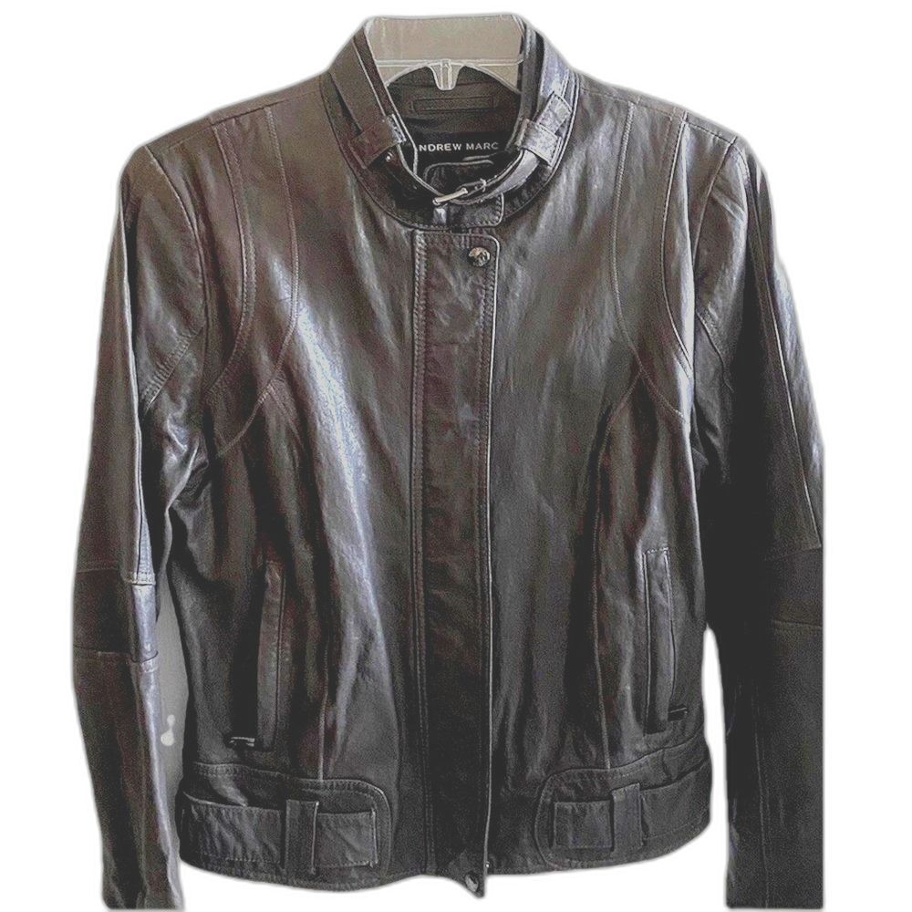 Andrew Marc Leather Moto Jacket Women's Medium Slate Gray Buckle‎ Collar